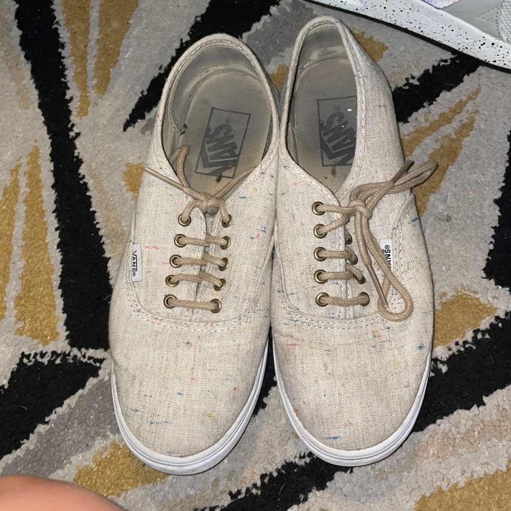 Tan Vans, with Multicolored Stitching